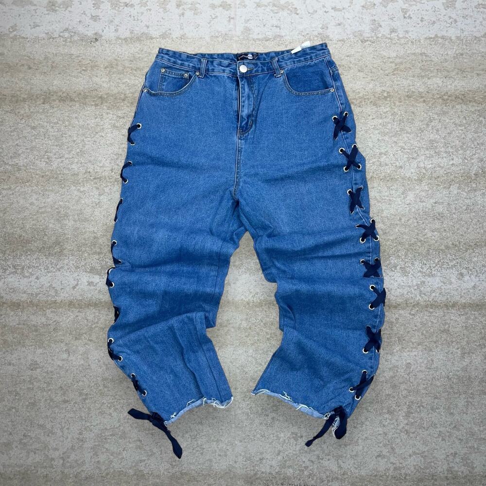 Vintage Y2K Boohoo Jeans Womens 12 Baggy Wide Leg Fit Medium Wash Laced Denim